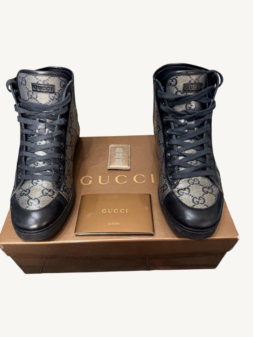 Gucci GG Supreme High Top Sneakers Black Grey Monogram Canvas Size 37 With Box